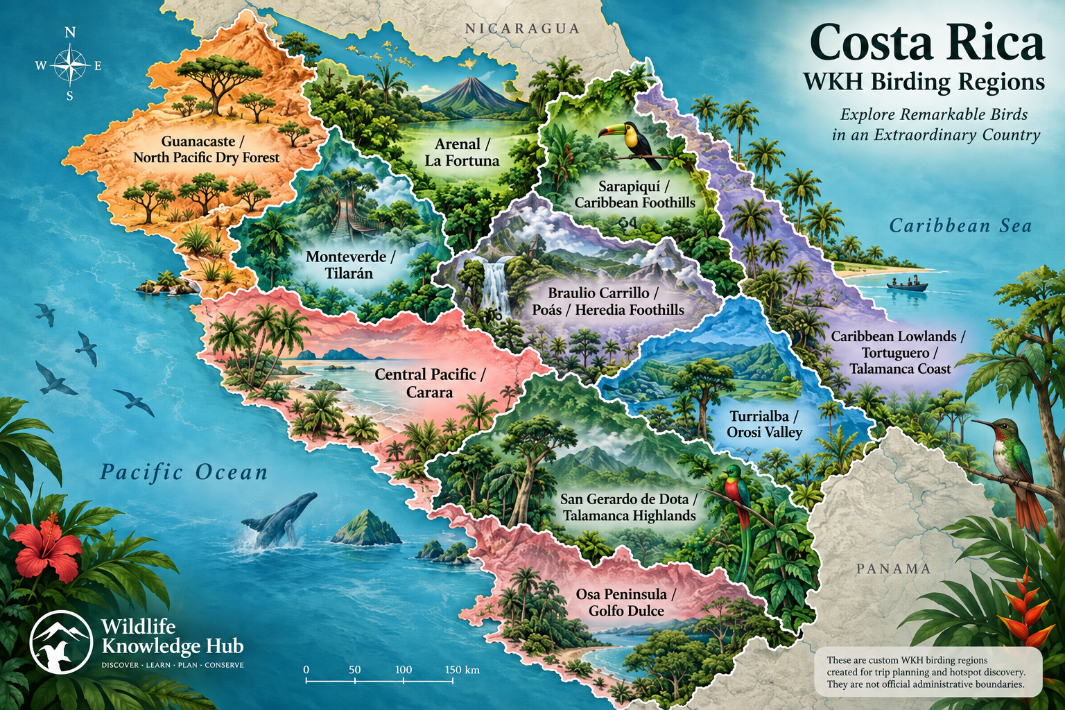 Illustrated Costa Rica map showing 10 custom WKH birding regions