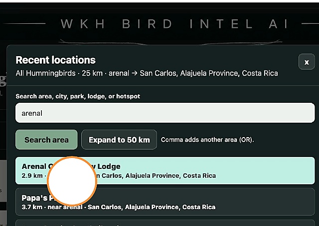 Recent locations list around Arenal showing Arenal Observatory Lodge and other nearby locations